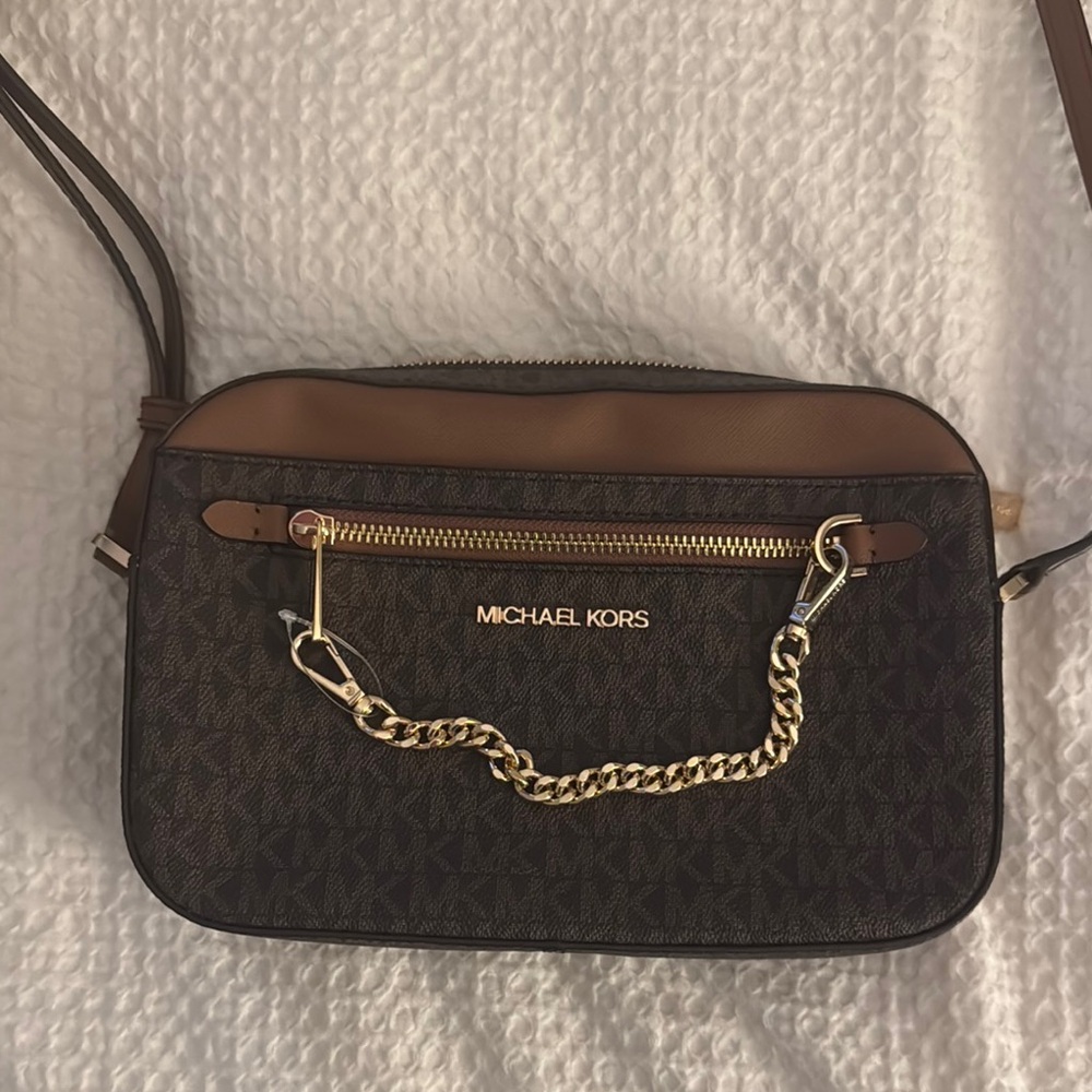 Michael Kors Brown and Black Jetset Crossbody Bag with Gold Chain